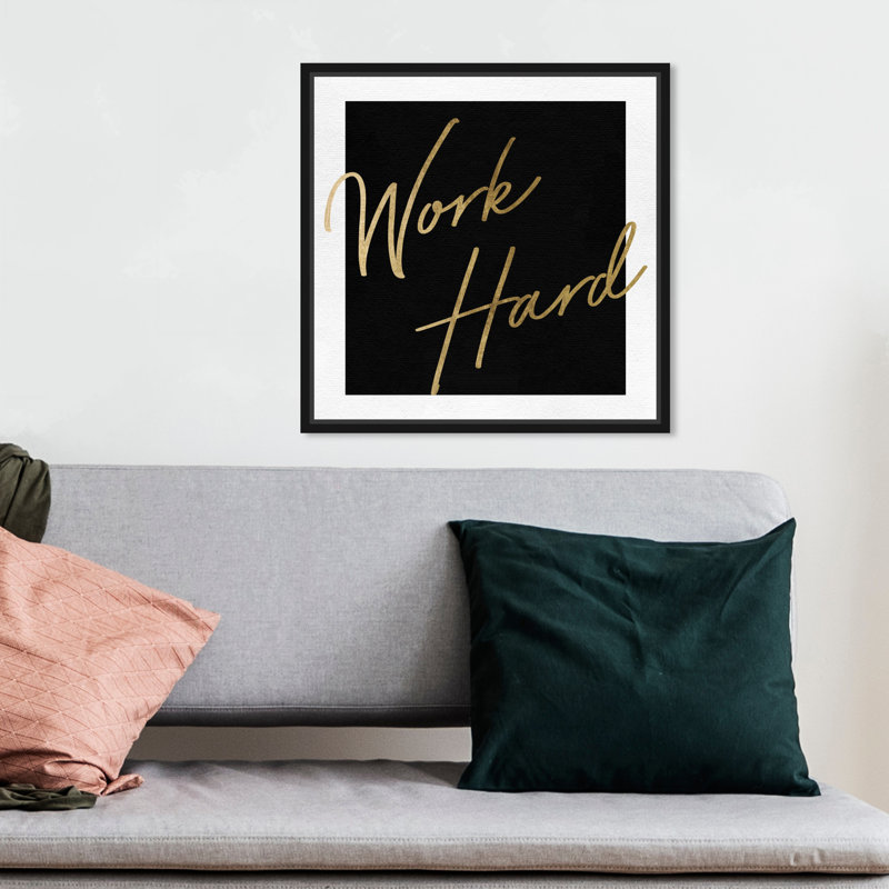 Work Hard Gold - art textuel, Toile avec cadre noir, H 12 po x l 12 po