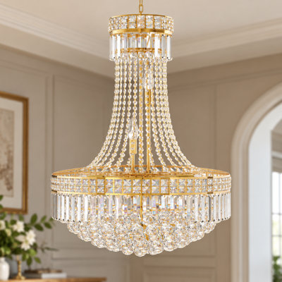 24 Inch Gold Six Tier Crystal Empire Chandelier with Cascading Beads for Grand Living Dining and Foyer Ambiance