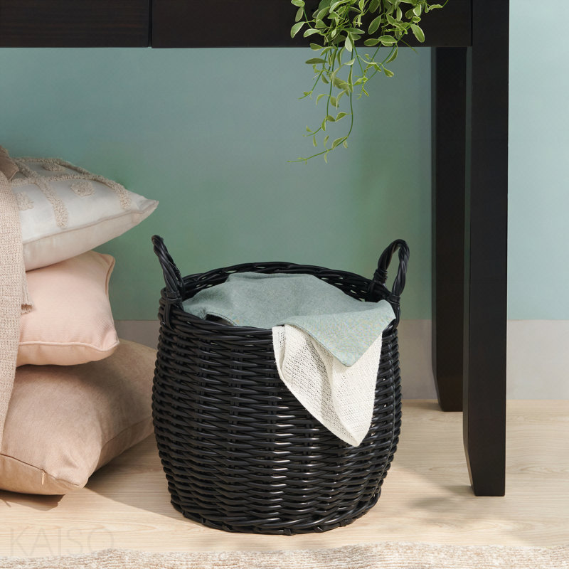 Round Resin Woven Wicker Basket With Handles- For Clothes, Towels, Toys, Magazines Storage And Home Decoration