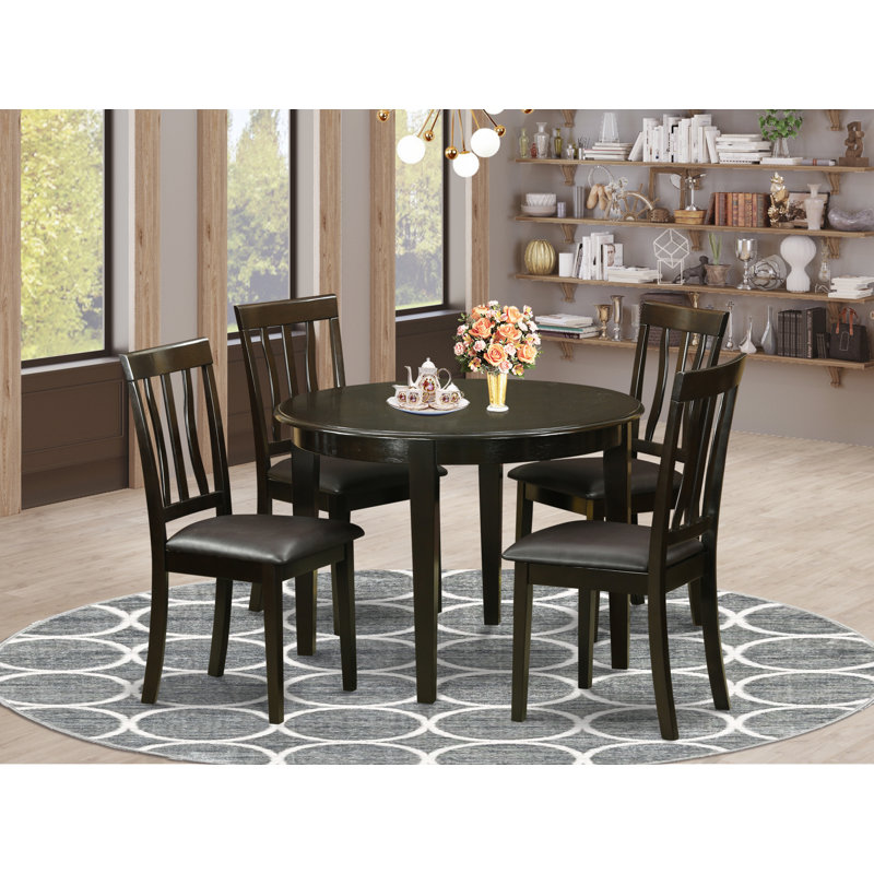 5 Piece Dinette Set for 4 Includes a Round Kitchen Table and 4 Linen Fabric Dining Room Chairs, 42x42 Inch, Cappuccino