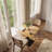 Compact Square Dining Table for Two - Modern Bamboo Top with Black Metal Pedestal Base