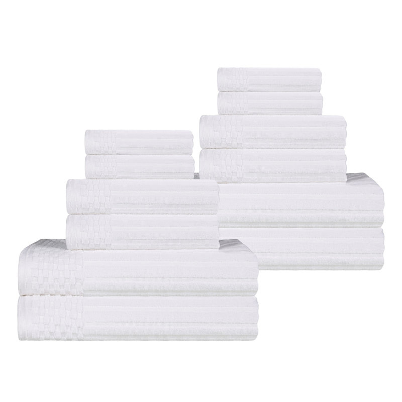 12-Piece Solid Highly Absorbent  and Checkered Border Cotton Towel Set, Coffee