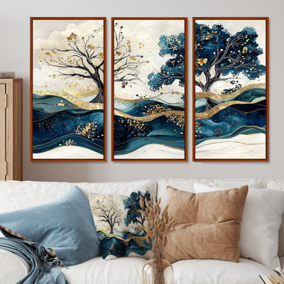 «Blue and White Modern Blossom Tree IV», ensemble de reproduction d'art mural cerisier en fleurs