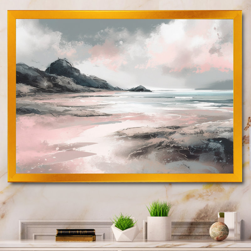 «Pink Coastal Waves I - Modern Beach», reproduction sur toile, H 34 po x l 44 po x P 1,5 po, Cadre flottant doré