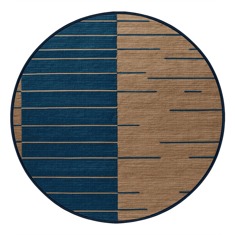 Machine Washable Horizontal Stripes Blue Area Rug, Round 5'
