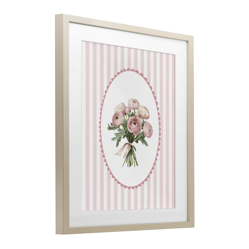 «Peony Bouquet on Gentle Stripes», reproduction encadrée sous verre, design par Christine Simpson Art, H 21 po x l 17 po