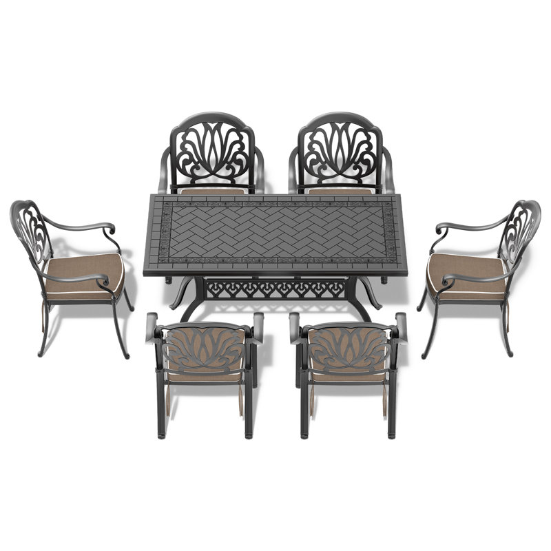 Ensemble de salle à manger d'extérieur rectangulaire 6 personnes 150 cm (59,06 po) de long avec 6 chaises empilables et coussins bruns