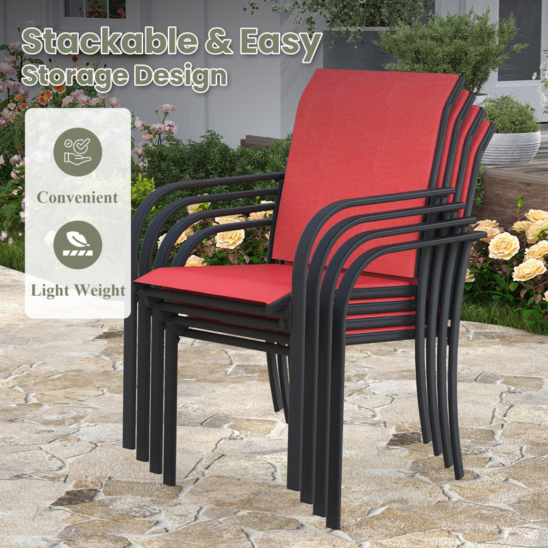 7-Pieces Round Patio Dining Set With Stackable PVC-coated polyester Chairs, Black/Red
