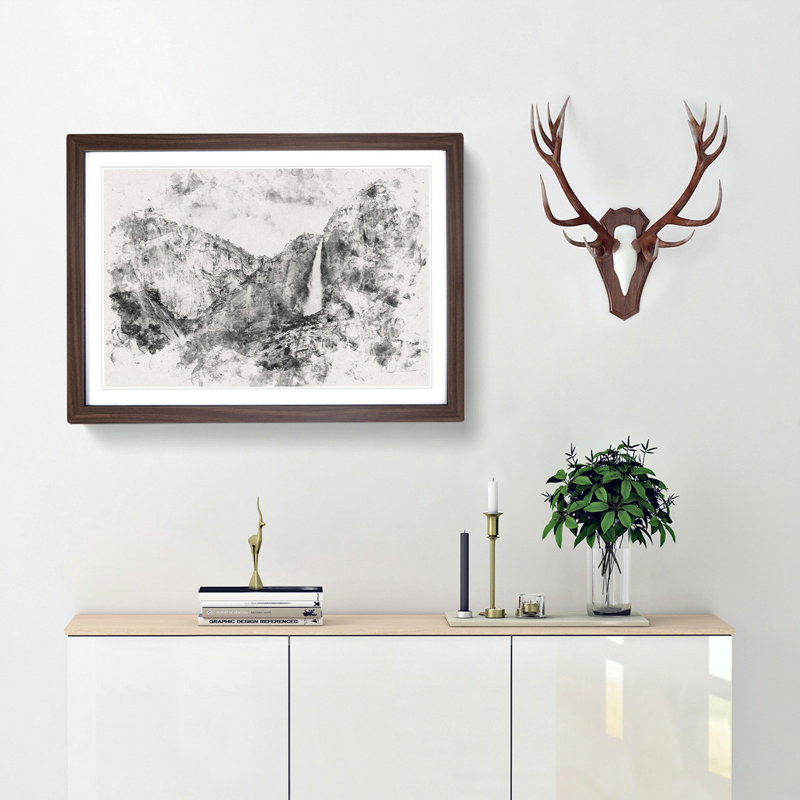 Waterfall In Yosemite Watercolour - Framed Print, 35cm H x 50cm W x 2cm D, Walnut