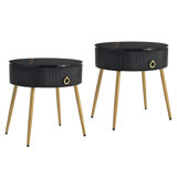 Easy Assembly End Tables with High Gloss Faux Marble Tabletops, Set of 2, Modern Fluted 2 Side Tables with Drawers, Round Coffee Tables with Golden Legs for Living Room
