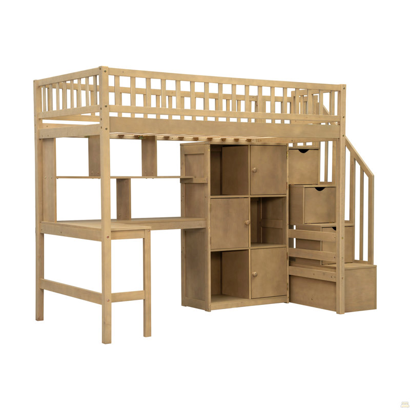 Lit mezzanine simple en bois avec bureau intégré, DEL, tablettes de rangement, armoires et escalier, Walnut