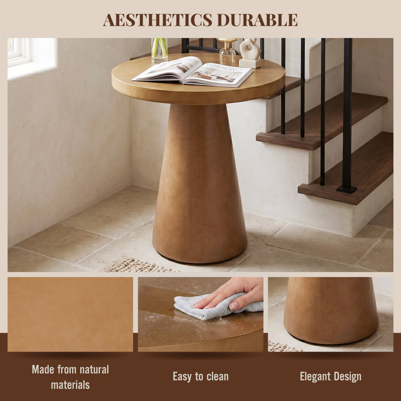 Pueblo 27.5" W Round Pedestal Outdoor Bistro Taupe Table Dining Table With Concrete Top, Taupe