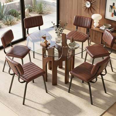 Ensemble de salle à manger rond 5 pièces en verre trempé avec chaises en similicuir