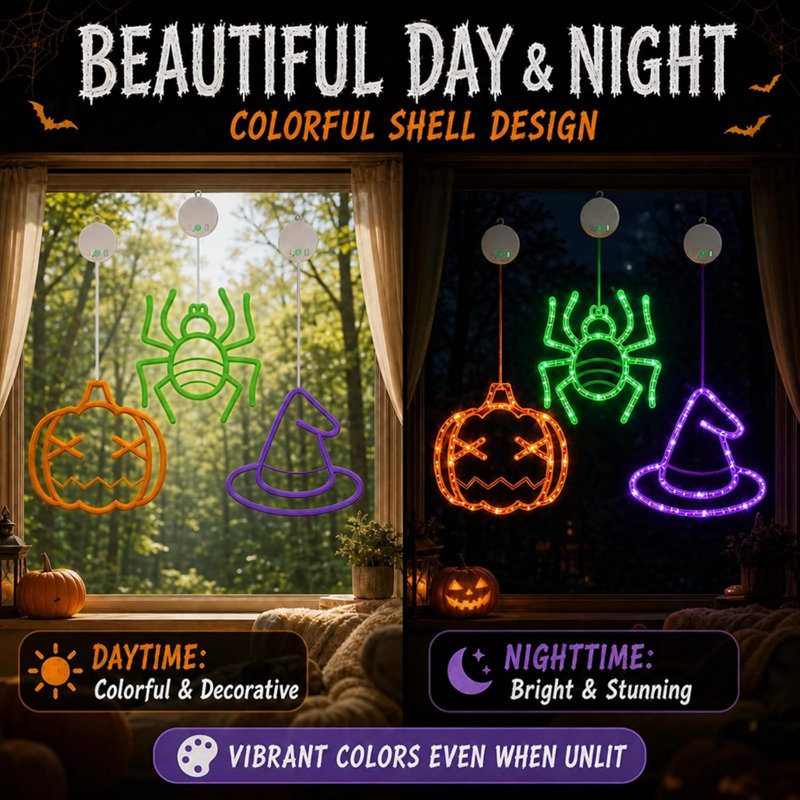 Éclairage de fenêtre d'Halloween, lot de 3 citrouilles, araignée et chapeau de sorcière