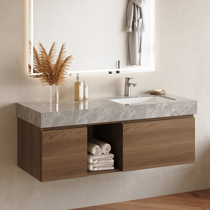 48" Walnut Bathroom Vanity with Sink, Modern Brown Wood Single Vanity Cabinet with Storage, Minimalist Design Bathroom Cabinet Including Drain Assembly