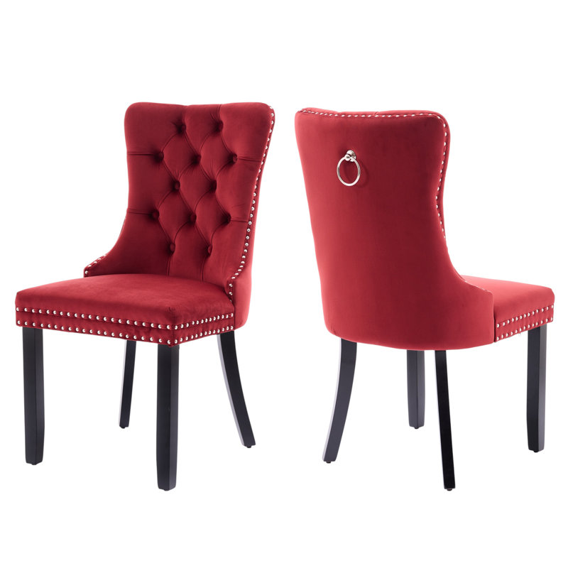 Tufted Velvet Wing Back Side Dining Chairs, Black, Burgundy Wine