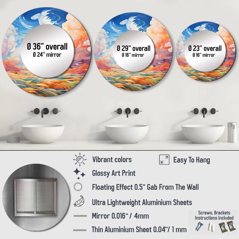 Clouds Skys Canvas VI - Clouds Unique Wall Mirror Decor, Traditional Large Round Mirror, Printed Metal Art, 36" x 36"