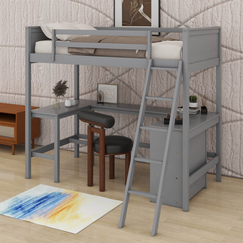 Lit mezzanine simple avec tablettes et bureau, Gris