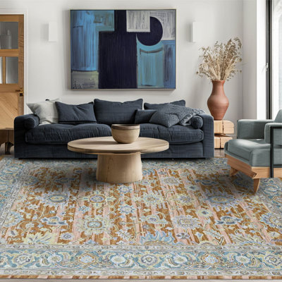 Tapis multicolore en laine touffeté à la main à motif floral moderne et contemporain orange brûlé