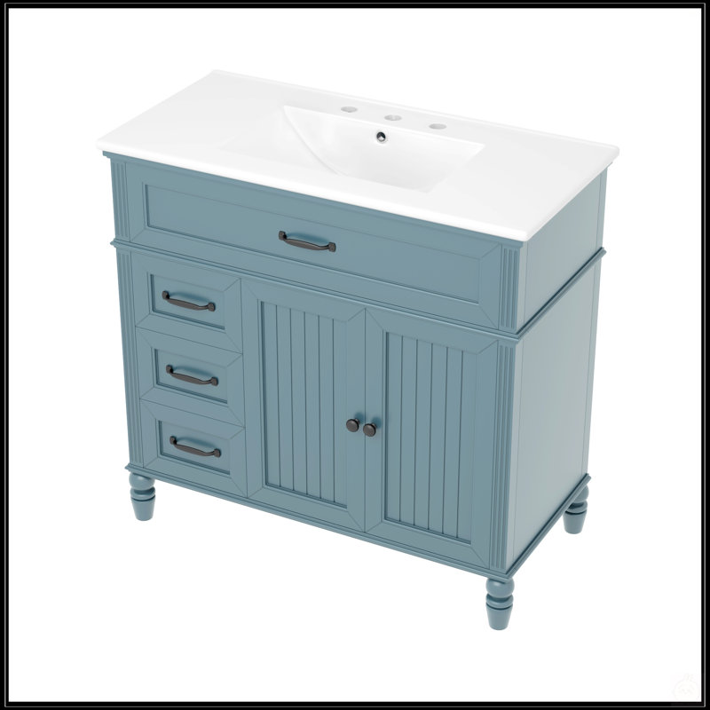 36 Inch Blue Bathroom Vanity With Ceramic Sink, Solid Acacia Wood Frame, MDF Board, And Ample Storage Drawers