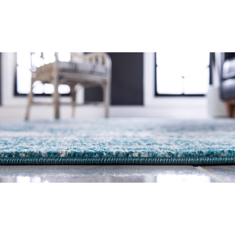 Tapis turquoise à motif géométrique Rizo, Rectangle 3 pi 3 po x 5 pi 3 po