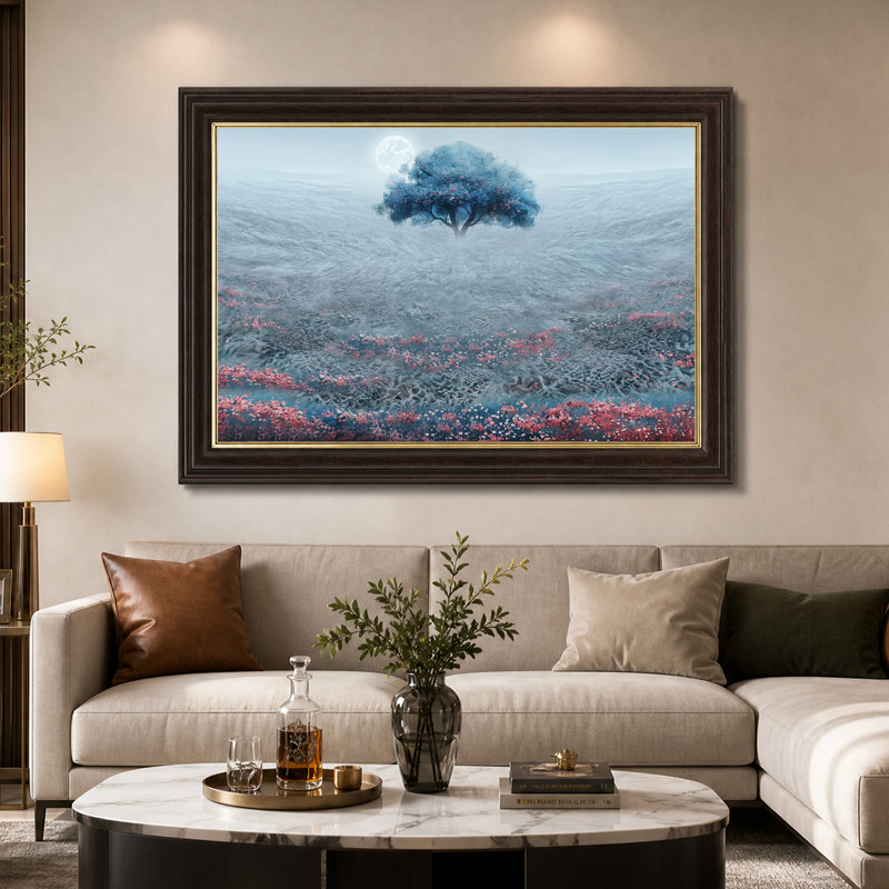Arbre bleu et fleurs roses sur fond clair de lune, art mural sur toile, 16"H x 24"W