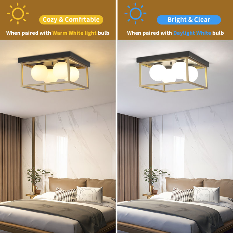 12.6 in. 4-Light Modern Flush Mount Light, Black & Gold Finish with Frosted Glass Globes, Perfect for Entryways and Foyers