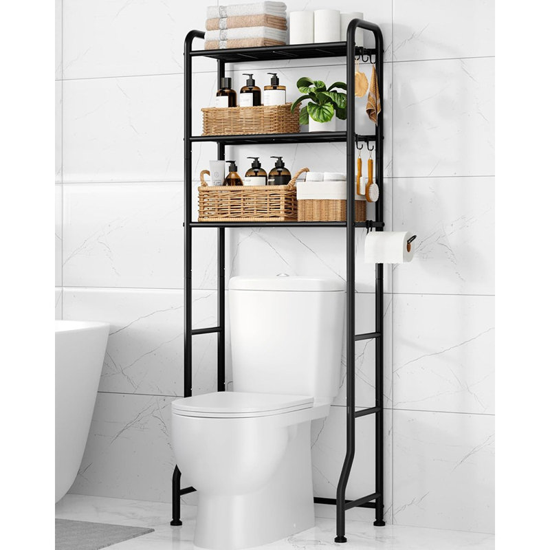 Support de rangement au-dessus de la toilette - Organisateur de salle de bain en métal noir, armoire à 3 niveaux avec porte-papier et crochets