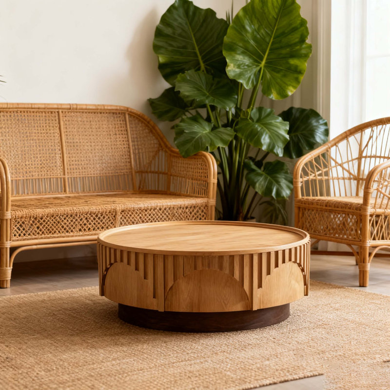 Table basse Table ronde ronde en bois massif avec placage en bois massif et piédestal robuste pour appartement, salon