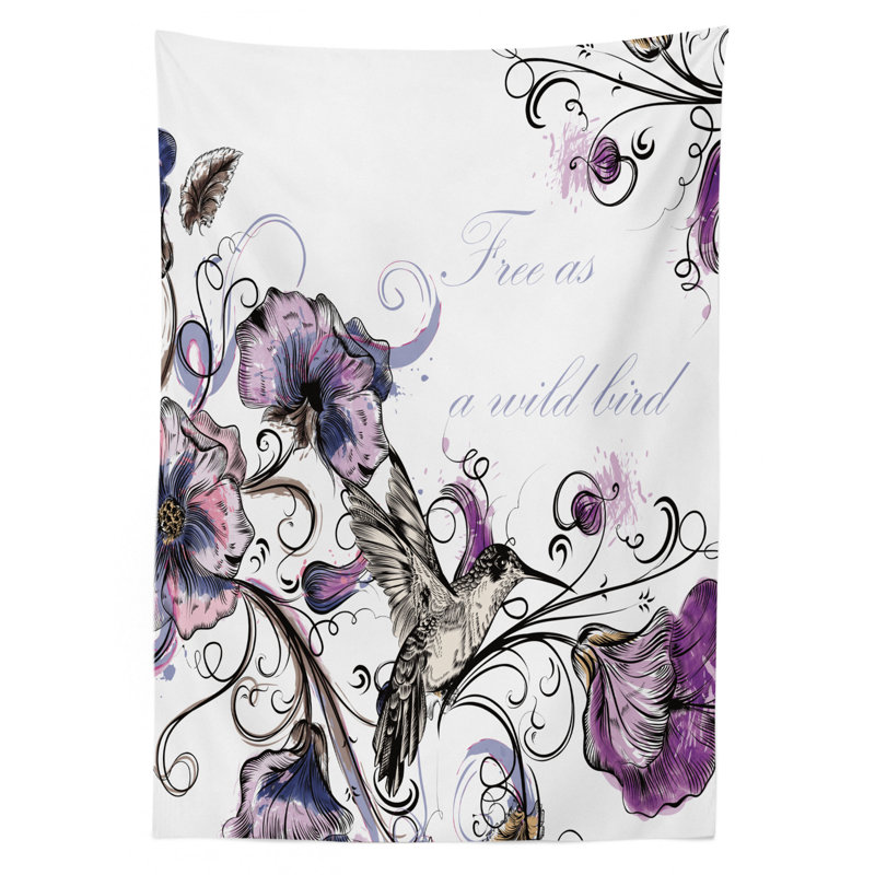 Ambesonne Hummingbird Tablecloth, Flowers Leaves Bird And Classic Patterns Curvy Lines Ornament Nostalgic Art, Rectangular Table Cover For Dining Room Kitchen Decor, 52" X 70", Purple Black