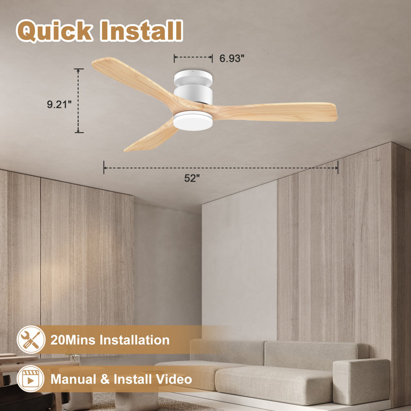 52" 3-Blade Smart Wood Flush Mount Ceiling Fan with Light and Remote, WiFi Alexa, Indoor/Outdoor, Quiet DC Motor, Dimmable