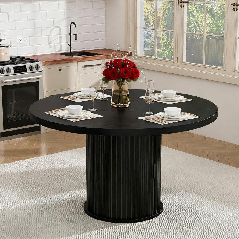 47 Inch Round Dining Table for 4-6, Kitchen Table with 2-Layer Storage Shelf and a Drawer, Farmhouse Circle Dinner Table for Dining Room, Kitchen, Living Room (Table Only)