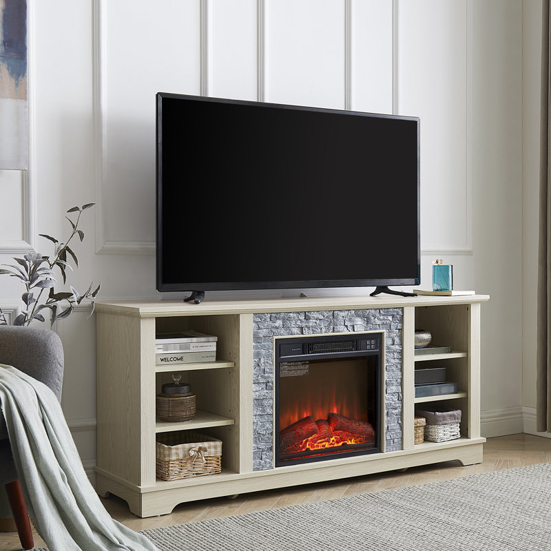 Unité de télévision électrique blanche avec effet de pierre et rangement généreux, insert de 18 po, pouvant accueillir des téléviseurs de 65 po, une grande capacité de rangement,