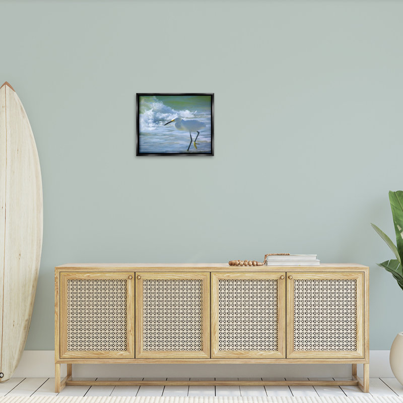 «Egret In Splashing Waves Floater Frame» par Graffitee Studios sur toile, Cadre flottant noir de jais, H 21 po x l 17 po