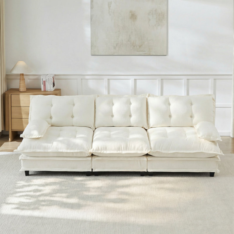 Canapé 3 places en chenille capitonné et pieds robustes, Beige