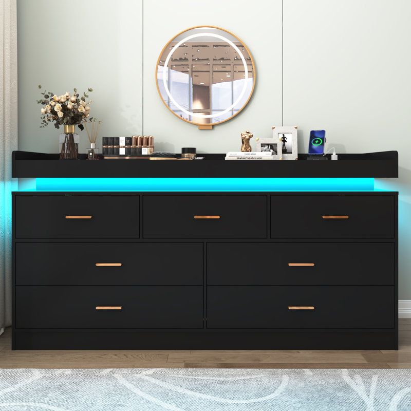 7 Drawer 55.13" Dresser With LED Light, Sockets, Type-C Port And USB Port, Black