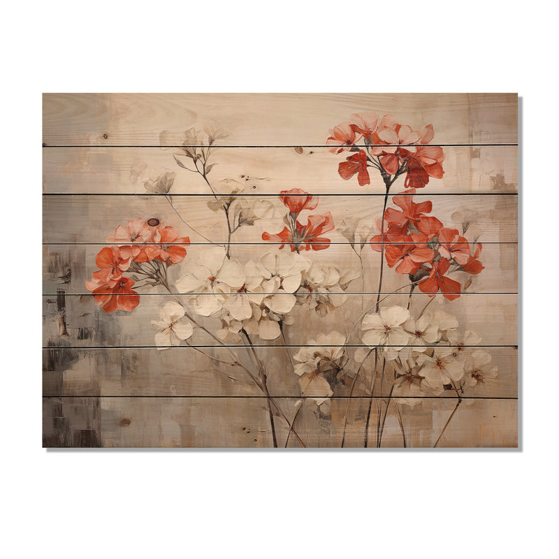 Minimalisme, géraniums rouges et beiges I - géraniums, art mural sur bois de pin naturel, H 10 po x l 20 po