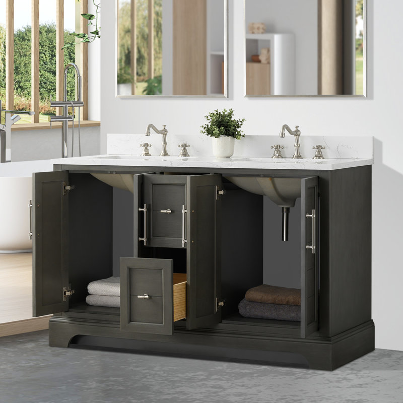Meuble-lavabo autoportant à double cuve avec plateau en marbre d'ingénierie Vannes, Gris argenté
