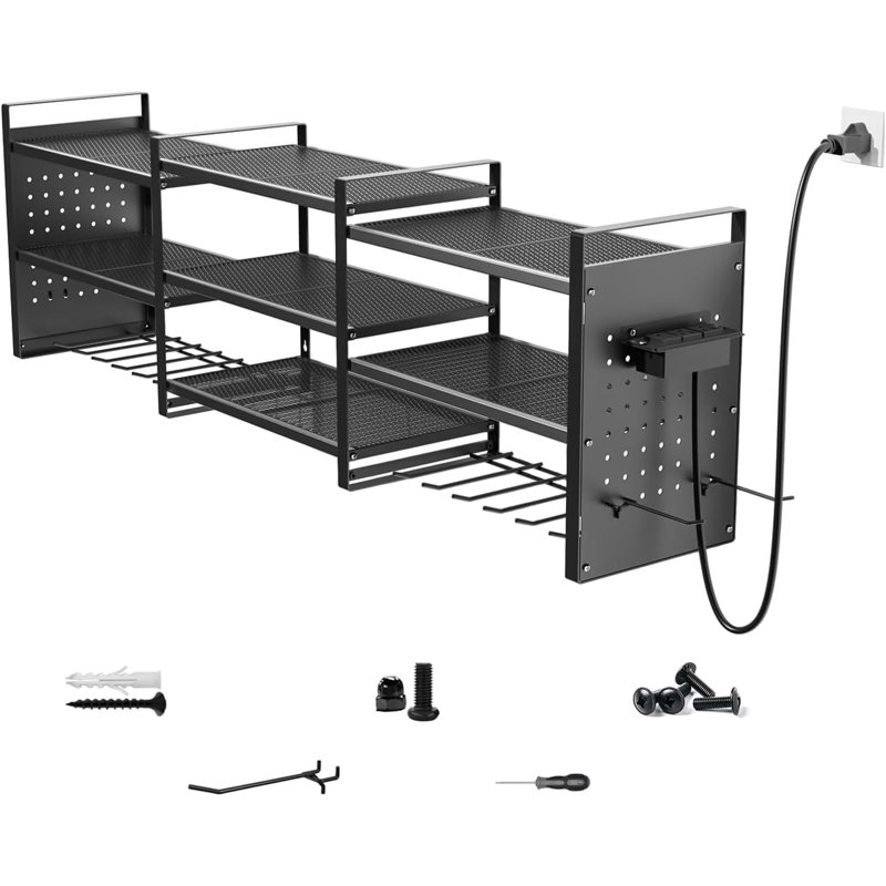 [Organisateur d'outils robustes 3en1] Organisateur d'outils électriques avec station de charge, support de rangement pour outils électriques de 47,9 pouces, 6 supports de perceuse, support mural robuste pour outils de garage avec tournevis / multiprise 6,5 pi. Plateau à outils. [Noir]