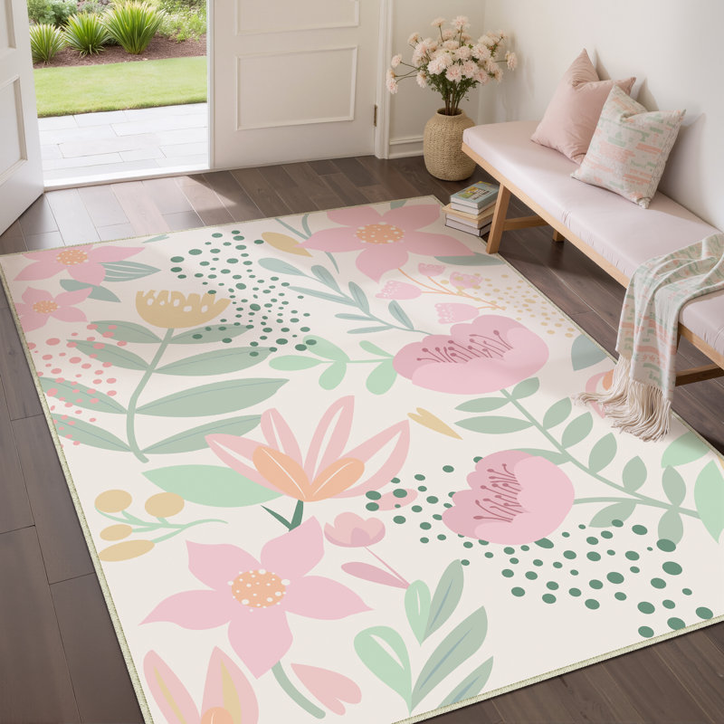  Cherry Machine Washable Floral Area Rug with Non-Slip Backing, Rectangle 5' x 7'