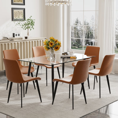 Ensemble de table de salle à manger rectangulaire moderne en verre, table de salle à manger rectangulaire avec 4 à 6 chaises en similicuir, plateau de table en verre trempé avec pieds en métal noir, ensemble de table de cuisine pour la maison, le salon
