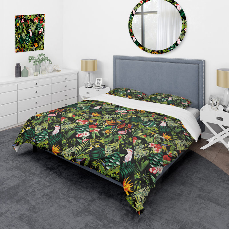 Ensemble de housse de couette à motif patchwork vert tropical, Housse de couette pour très grand lit et 2 très