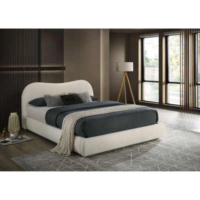 Grand lit tapissier blanc à boucle, tête de lit courbée, rangement, bois d'ingénierie et structure de lit solide avec tiroir de rangement, lit d'appoint transitionnel pour chambre à coucher