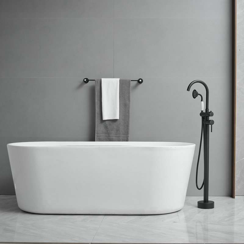 Robinet de baignoire romaine fixé au sol avec douche à main et poignée simple, Noir mat