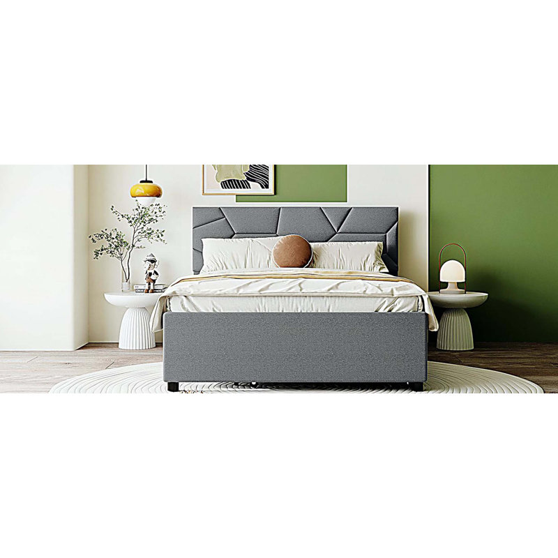 Full Size Upholstered Platform Bed with Brick Pattern Headboard and Twin Size Trundle, Linen Fabric, Grey, Grey