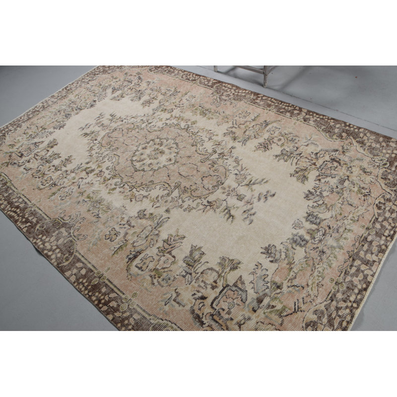 Grand tapis Oushak rétro beige pour le salon ou la chambre à coucher - motif turc tissé à la main