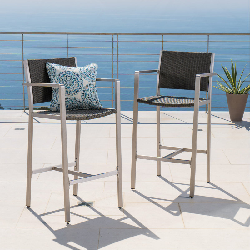 Ensemble de 2 tabourets de bar extérieurs, tabourets de bar en aluminium antirouille de 29,5 po avec assise et dossier en rotin de polyéthylène