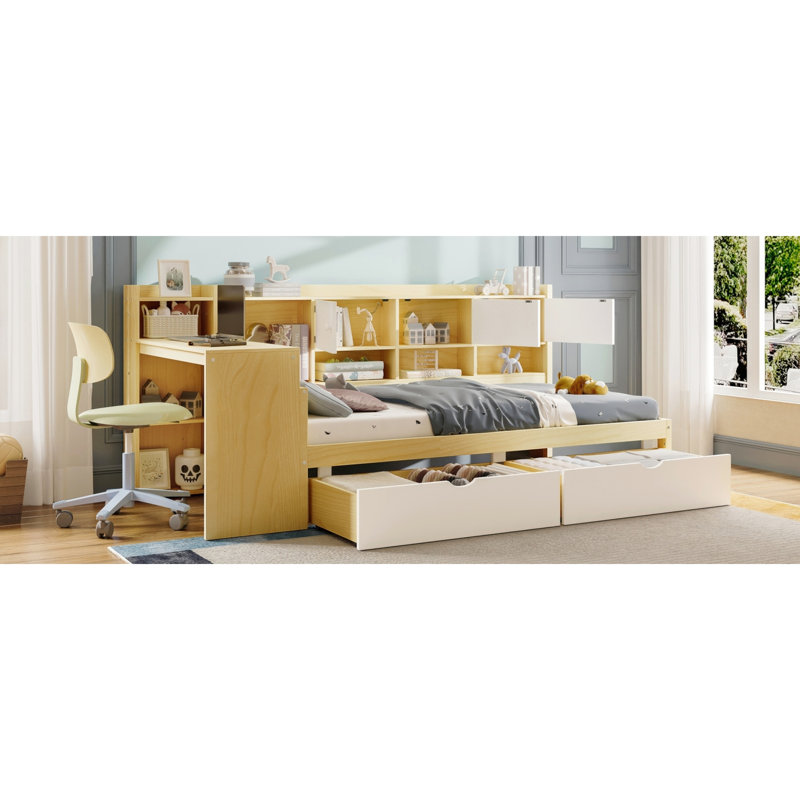 Lit de jour moderne en L en bois avec rangement, finition naturelle et blanche pour des espaces de vie compacts