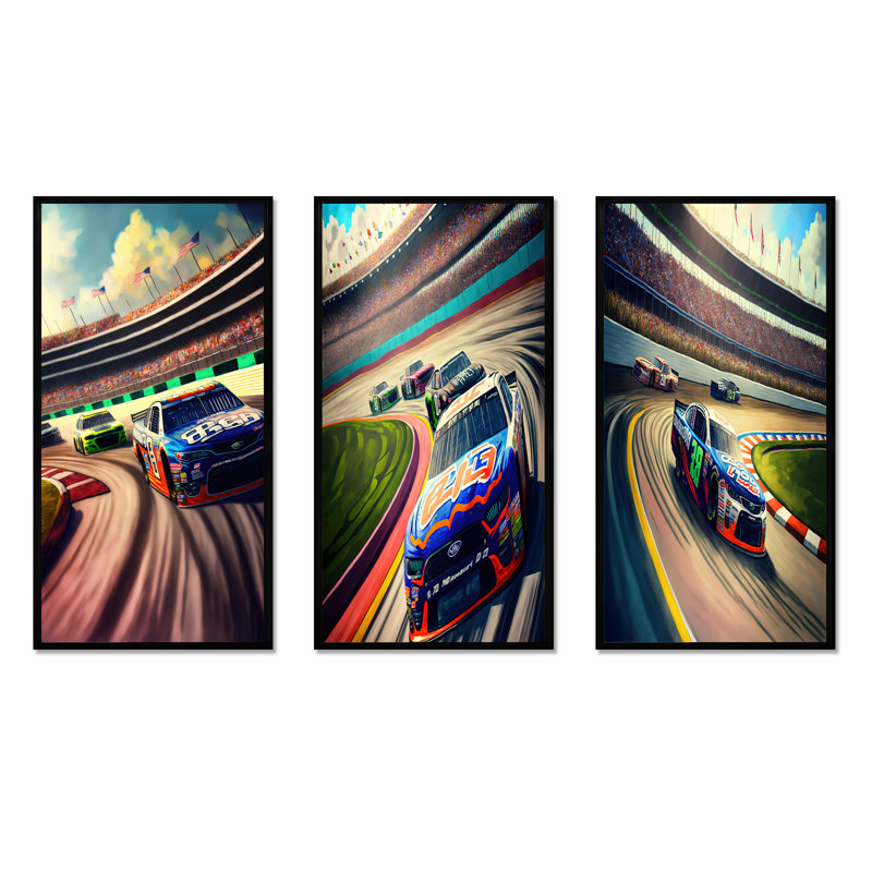 Daytona Stock Car Racing - dernier tour - ensemble d'art moderne de 3 pièces, Noir, H 20 po x l 36 po