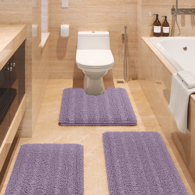  Striped Spa Blue Bathroom Rug Set 3 Pieces Ultra Soft, Non Slip Chenille Bath Carpet, Absorbent Plush Shaggy Bath Mats for Bathroom, Toilet, Bedroom, Kitchen